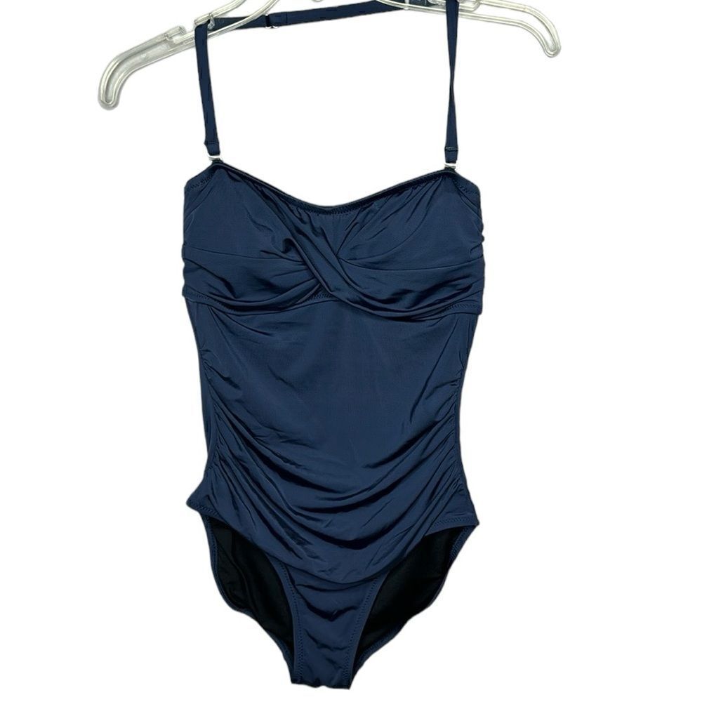 Garnet Hill Ruched Bandeau One Piece Navy bathing Suit. Size 4. NWOT.